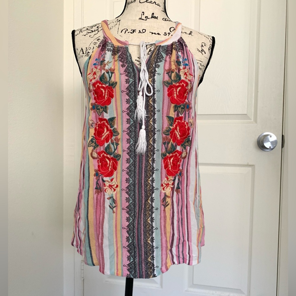 April Sky Sleeveless Pink Striped Embroidered Floral Tank Top